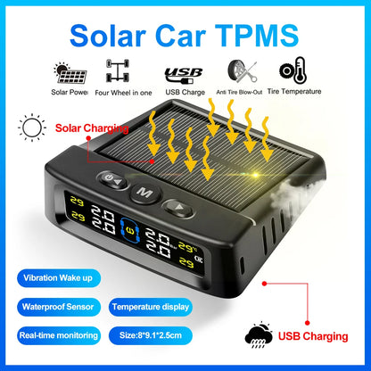 Solar TPMS Car Tire Pressure Alarm Digital Colorful Display 4/6 External Sensors Waterproof Tire Pressure Temperature Warning