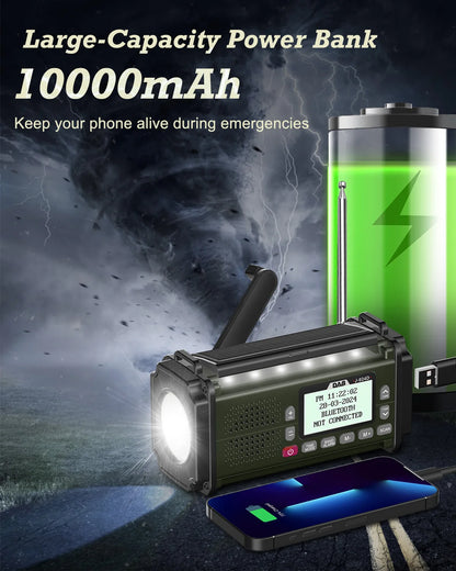 DAB+-radioer FM Bluetooth-høyttaler 10000 mAh Powerbank Nødradio Bærbar Solcelle-radio Håndsveiv USB-C-lading LED