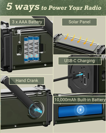 DAB+-radioer FM Bluetooth-høyttaler 10000 mAh Powerbank Nødradio Bærbar Solcelle-radio Håndsveiv USB-C-lading LED