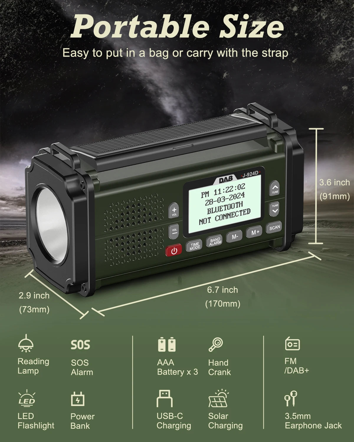 DAB+-radioer FM Bluetooth-høyttaler 10000 mAh Powerbank Nødradio Bærbar Solcelle-radio Håndsveiv USB-C-lading LED