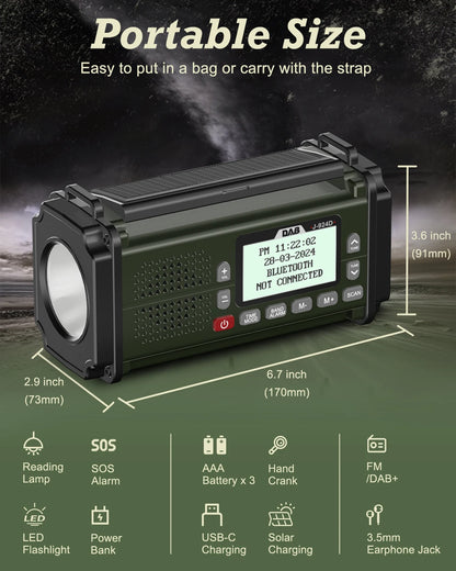DAB+-radioer FM Bluetooth-høyttaler 10000 mAh Powerbank Nødradio Bærbar Solcelle-radio Håndsveiv USB-C-lading LED