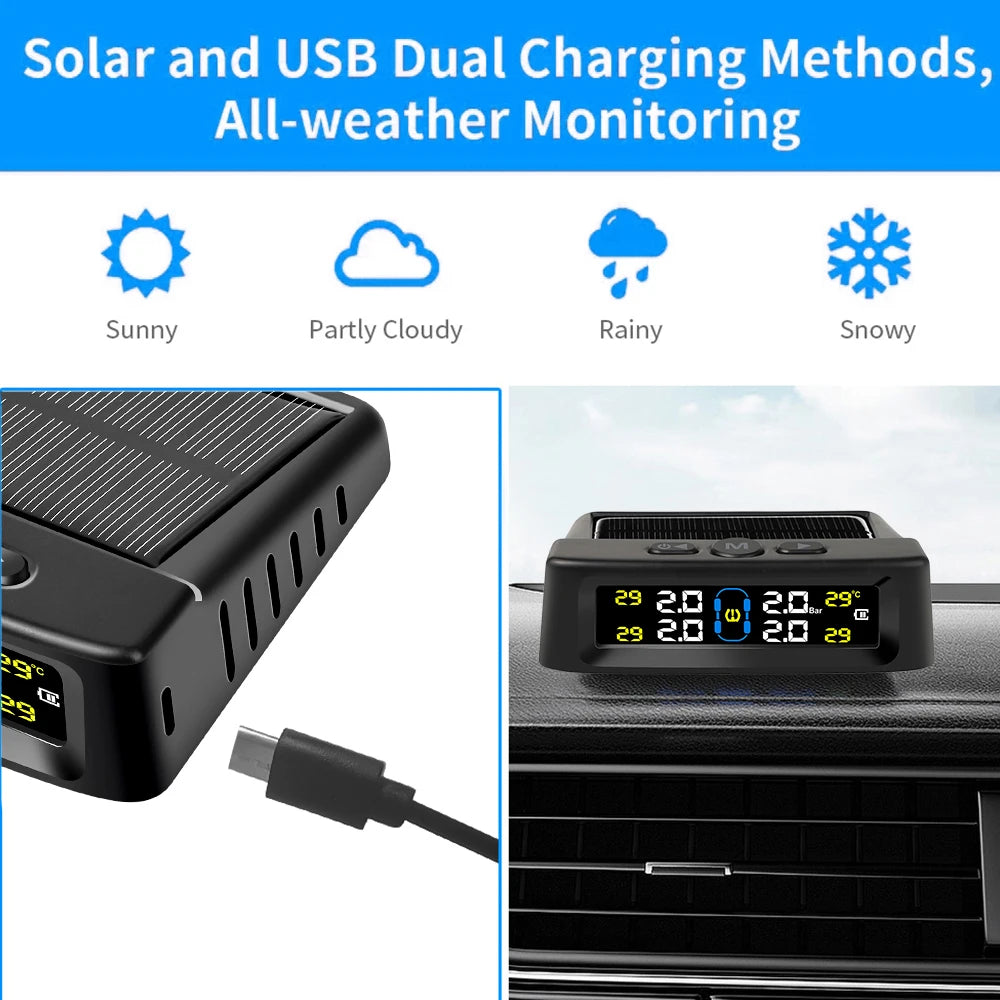 Solar TPMS Car Tire Pressure Alarm Digital Colorful Display 4/6 External Sensors Waterproof Tire Pressure Temperature Warning